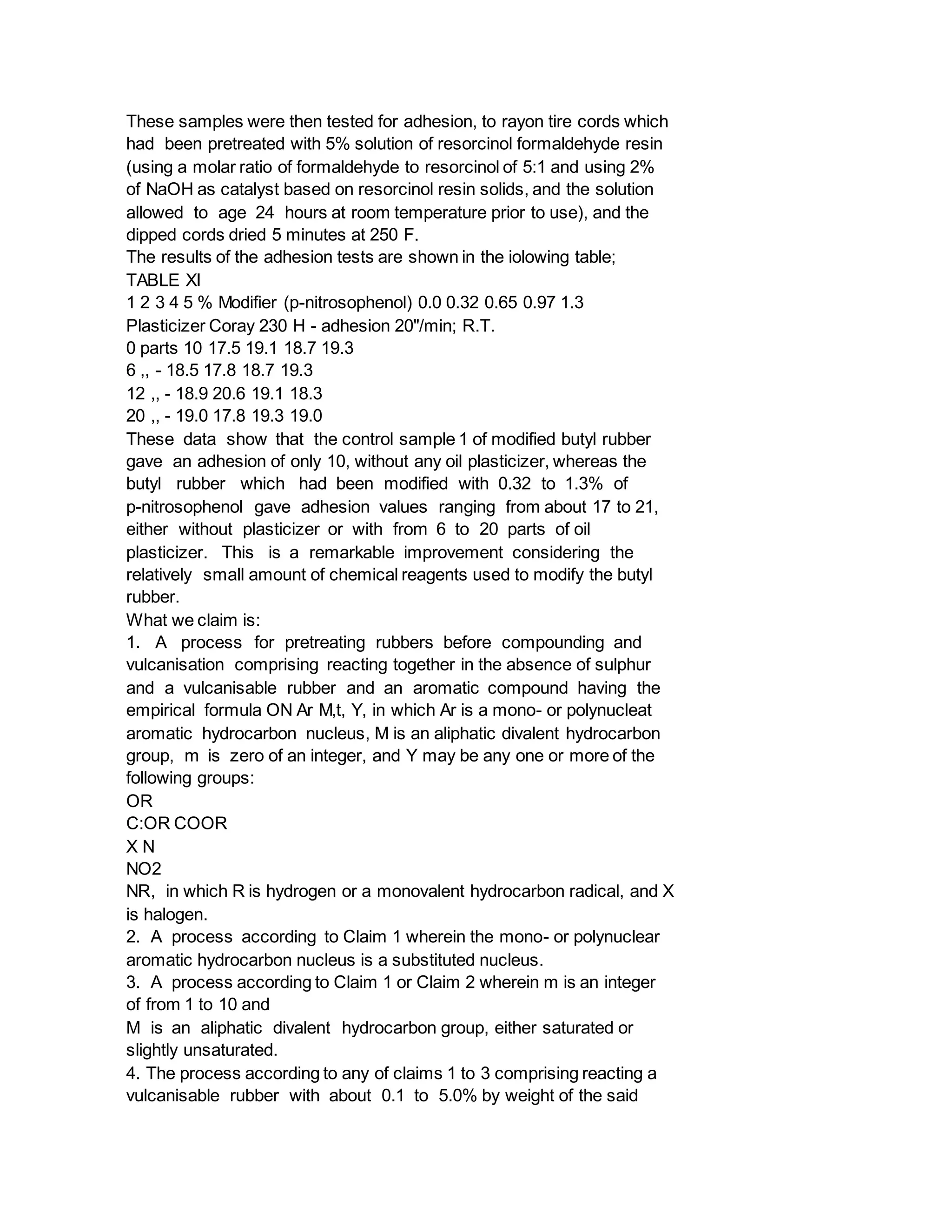 These samples were then tested for adhesion, to rayon tire cords which
had been pretreated with 5% solution of resorcinol formaldehyde resin
(using a molar ratio of formaldehyde to resorcinol of 5:1 and using 2%
of NaOH as catalyst based on resorcinol resin solids, and the solution
allowed to age 24 hours at room temperature prior to use), and the
dipped cords dried 5 minutes at 250 F.
The results of the adhesion tests are shown in the iolowing table;
TABLE XI
1 2 3 4 5 % Modifier (p-nitrosophenol) 0.0 0.32 0.65 0.97 1.3
Plasticizer Coray 230 H - adhesion 20"/min; R.T.
0 parts 10 17.5 19.1 18.7 19.3
6 ,, - 18.5 17.8 18.7 19.3
12 ,, - 18.9 20.6 19.1 18.3
20 ,, - 19.0 17.8 19.3 19.0
These data show that the control sample 1 of modified butyl rubber
gave an adhesion of only 10, without any oil plasticizer, whereas the
butyl rubber which had been modified with 0.32 to 1.3% of
p-nitrosophenol gave adhesion values ranging from about 17 to 21,
either without plasticizer or with from 6 to 20 parts of oil
plasticizer. This is a remarkable improvement considering the
relatively small amount of chemical reagents used to modify the butyl
rubber.
What we claim is:
1. A process for pretreating rubbers before compounding and
vulcanisation comprising reacting together in the absence of sulphur
and a vulcanisable rubber and an aromatic compound having the
empirical formula ON Ar M,t, Y, in which Ar is a mono- or polynucleat
aromatic hydrocarbon nucleus, M is an aliphatic divalent hydrocarbon
group, m is zero of an integer, and Y may be any one or more of the
following groups:
OR
C:OR COOR
X N
NO2
NR, in which R is hydrogen or a monovalent hydrocarbon radical, and X
is halogen.
2. A process according to Claim 1 wherein the mono- or polynuclear
aromatic hydrocarbon nucleus is a substituted nucleus.
3. A process according to Claim 1 or Claim 2 wherein m is an integer
of from 1 to 10 and
M is an aliphatic divalent hydrocarbon group, either saturated or
slightly unsaturated.
4. The process according to any of claims 1 to 3 comprising reacting a
vulcanisable rubber with about 0.1 to 5.0% by weight of the said
 