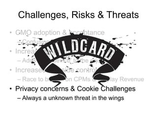 Challenges, Risks & Threats
• CMO adoption & acceptance
– Confusion holds back cash
• Increasing Fragmentation
– Adds ‘right device’ to the equation
• Increased buy-side control
– Race to bottom on CPMs & Display Revenue
• Privacy concerns & Cookie Challenges
– Always a unknown threat in the wings
 