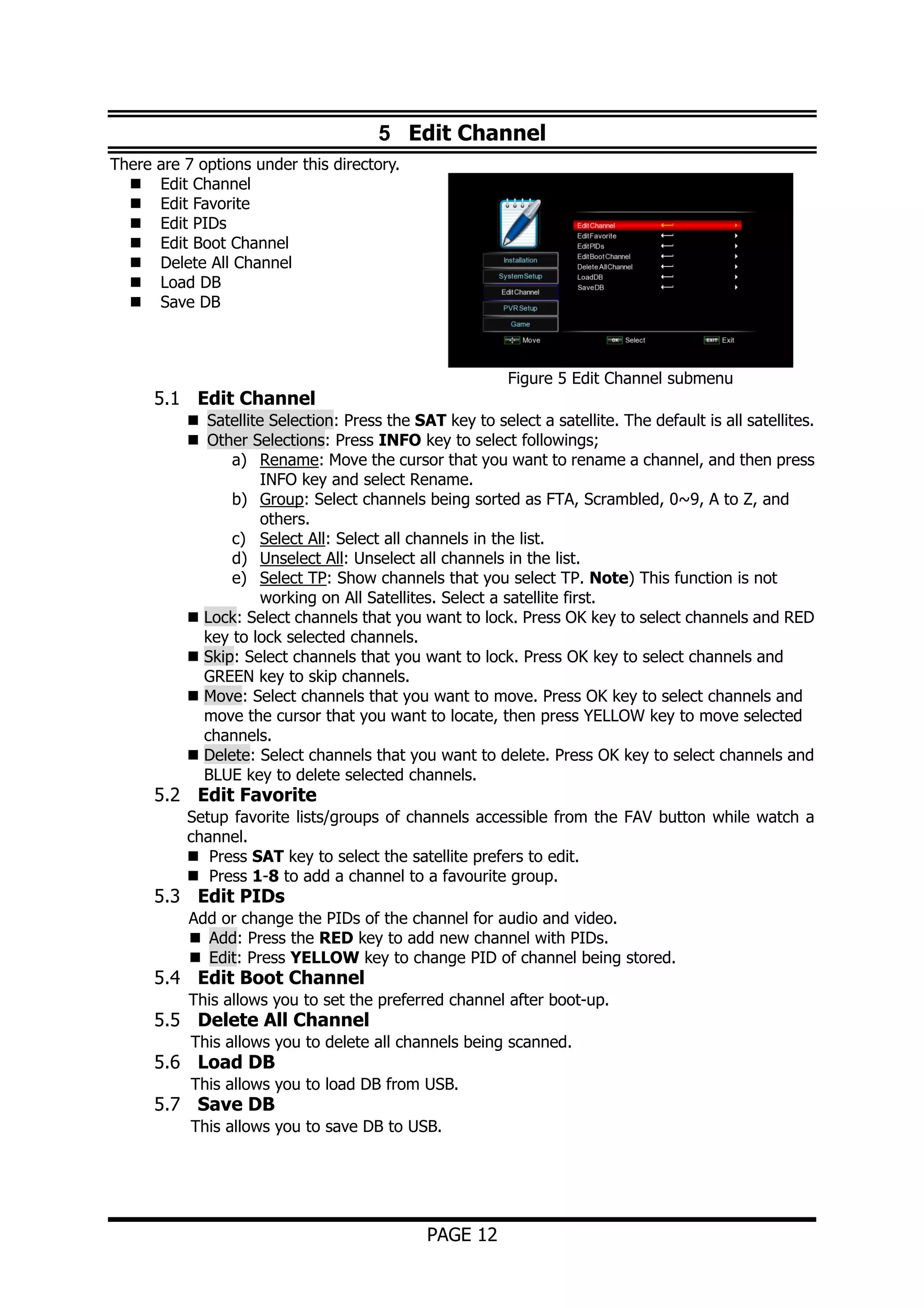 5 Edit Channel
There are 7 options under this directory.
Edit Channel
Edit Favorite
Edit PIDs
Edit Boot Channel
Delete All Channel
Load DB
Save DB

Figure 5 Edit Channel submenu

5.1 Edit Channel

Satellite Selection: Press the SAT key to select a satellite. The default is all satellites.
Other Selections: Press INFO key to select followings;
a) Rename: Move the cursor that you want to rename a channel, and then press
INFO key and select Rename.
b) Group: Select channels being sorted as FTA, Scrambled, 0~9, A to Z, and
others.
c) Select All: Select all channels in the list.
d) Unselect All: Unselect all channels in the list.
e) Select TP: Show channels that you select TP. Note) This function is not
working on All Satellites. Select a satellite first.
Lock: Select channels that you want to lock. Press OK key to select channels and RED
key to lock selected channels.
Skip: Select channels that you want to lock. Press OK key to select channels and
GREEN key to skip channels.
Move: Select channels that you want to move. Press OK key to select channels and
move the cursor that you want to locate, then press YELLOW key to move selected
channels.
Delete: Select channels that you want to delete. Press OK key to select channels and
BLUE key to delete selected channels.

5.2 Edit Favorite

Setup favorite lists/groups of channels accessible from the FAV button while watch a
channel.
Press SAT key to select the satellite prefers to edit.
Press 1-8 to add a channel to a favourite group.

5.3 Edit PIDs

Add or change the PIDs of the channel for audio and video.
Add: Press the RED key to add new channel with PIDs.
Edit: Press YELLOW key to change PID of channel being stored.

5.4 Edit Boot Channel

This allows you to set the preferred channel after boot-up.

5.5 Delete All Channel

This allows you to delete all channels being scanned.

5.6 Load DB

This allows you to load DB from USB.

5.7 Save DB

This allows you to save DB to USB.

PAGE 12

 