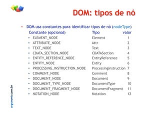 argonavis.com.br
DOM: tipos de nó
•! DOM usa constantes para identificar tipos de nó (nodeType)
Constante (opcional) Tipo valor
•! ELEMENT_NODE Element 1
•! ATTRIBUTE_NODE Attr 2
•! TEXT_NODE Text 3
•! CDATA_SECTION_NODE CDATASection 4
•! ENTITY_REFERENCE_NODE EntityReference 5
•! ENTITY_NODE Entity 6
•! PROCESSING_INSTRUCTION_NODE ProcessingInstruction 7
•! COMMENT_NODE Comment 8
•! DOCUMENT_NODE Document 9
•! DOCUMENT_TYPE_NODE DocumentType 10
•! DOCUMENT_FRAGMENT_NODE DocumentFragment 11
•! NOTATION_NODE Notation 12
 