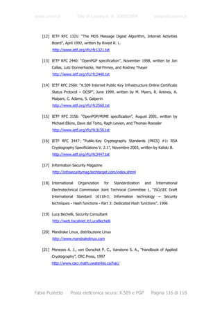 www.unive.it            Tesi di Laurea A. A. 2003/2004                    www.dsi.unive.it



   [12] IETF RFC 1321: “The MD5 Message Digest Algorithm, Internet Activities
        Board”, April 1992, written by Rivest R. L.
         http://www.ietf.org/rfc/rfc1321.txt

   [13] IETF RFC 2440: “OpenPGP specification”, November 1998, written by Jon
        Callas, Lutz Donnerhacke, Hal Finney, and Rodney Thayer
         http://www.ietf.org/rfc/rfc2440.txt

   [14] IETF RFC 2560: “X.509 Internet Public Key Infrastructure Online Certificate
        Status Protocol – OCSP”, June 1999, written by M. Myers, R. Ankney, A.
        Malpani, C. Adams, S. Galperin
         http://www.ietf.org/rfc/rfc2560.txt

   [15] IETF RFC 3156: “OpenPGP/MIME specification”, August 2001, written by
        Michael Elkins, Dave del Torto, Raph Levien, and Thomas Roessler
         http://www.ietf.org/rfc/rfc3156.txt

   [16] IETF RFC 3447: “Public-Key Cryptography Standards (PKCS) #1: RSA
        Cryptography Specifications V. 2.1”, Novembre 2003, written by Kaliski B.
         http://www.ietf.org/rfc/rfc3447.txt

   [17] Information Security Magazine
         http://infosecuritymag.techtarget.com/index.shtml

   [18] International    Organization     for    Standardization   and     International
        Electrotechnical Commission Joint Technical Committee 1, “ISO/IEC Draft
        International Standard 10118-3: Information technology – Security
        techniques - Hash functions - Part 3: Dedicated Hash functions”, 1996

   [19] Luca Bechelli, Security Consultant
         http://web.tiscalinet.it/LucaBechelli

   [20] Mandrake Linux, distribuzione Linux
         http://www.mandrakelinux.com

   [21] Menezes A. J., van Oorschot P. C., Vanstone S. A., “Handbook of Applied
        Cryptography”, CRC Press, 1997
        http://www.cacr.math.uwaterloo.ca/hac/




Fabio Pustetto      Posta elettronica sicura: X.509 e PGP                Pagina 116 di 118
 