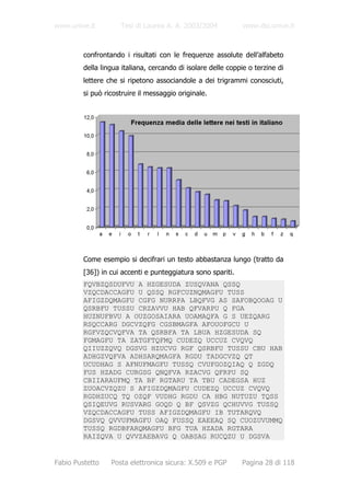 www.unive.it         Tesi di Laurea A. A. 2003/2004            www.dsi.unive.it



         confrontando i risultati con le frequenze assolute dell’alfabeto
         della lingua italiana, cercando di isolare delle coppie o terzine di
         lettere che si ripetono associandole a dei trigrammi conosciuti,
         si può ricostruire il messaggio originale.




         Come esempio si decifrari un testo abbastanza lungo (tratto da
         [36]) in cui accenti e punteggiatura sono spariti.
         FQVBZQSDUFVU A HZGESUDA ZUSQVANA QSSQ
         VZQCDACCAGFU U QSSQ RGFCUZNQMAGFU TUSS
         AFIGZDQMAGFU CGFG NURRPA LBQFVG AS SAFOBQOOAG U
         QSRBFU TUSSU CRZAVVU HAB QFVARPU Q FGA
         HUZNUFBVU A OUZGOSAIARA UOAMAQFA G S UEZQARG
         RSQCCARG DGCVZQFG CGSBMAGFA AFOUOFGCU U
         RGFVZQCVQFVA TA QSRBFA TA LBUA HZGESUDA SQ
         FGMAGFU TA ZATGFTQFMQ CUDEZQ UCCUZ CVQVQ
         QIIUZZQVQ DGSVG HZUCVG RGF QSRBFU TUSSU CBU HAB
         ADHGZVQFVA ADHSARQMAGFA RGDU TADGCVZQ QT
         UCUDHAG S AFNUFMAGFU TUSSQ CVUFGOZQIAQ Q ZGDQ
         FUS HZADG CURGSG QNQFVA RZACVG QFRPU SQ
         CBIIARAUFMQ TA BF RGTARU TA TBU CADEGSA HUZ
         ZUOACVZQZU S AFIGZDQMAGFU CUDEZQ UCCUZ CVQVQ
         RGDHZUCQ TQ OZQF VUDHG RGDU CA HBG NUTUZU TQSS
         QSIQEUVG RUSVARG GOQD Q BF QSVZG QCHUVVG TUSSQ
         VZQCDACCAGFU TUSS AFIGZDQMAGFU IB TUTARQVQ
         DGSVQ QVVUFMAGFU OAQ FUSSQ EAEEAQ SQ CUOZUVUMMQ
         TUSSQ RGDBFARQMAGFU BFG TUA HZADA RGTARA
         RAIZQVA U QVVZAEBAVG Q OABSAG RUCQZU U DGSVA


Fabio Pustetto    Posta elettronica sicura: X.509 e PGP       Pagina 28 di 118
 