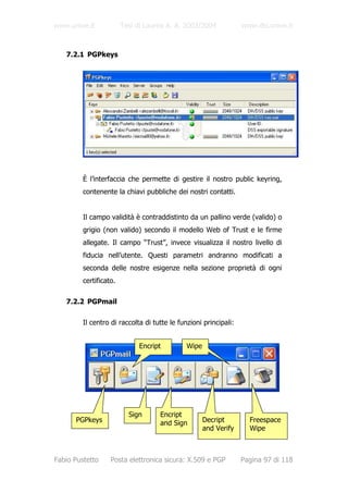 www.unive.it            Tesi di Laurea A. A. 2003/2004            www.dsi.unive.it



   7.2.1 PGPkeys




         È l’interfaccia che permette di gestire il nostro public keyring,
         contenente la chiavi pubbliche dei nostri contatti.


         Il campo validità è contraddistinto da un pallino verde (valido) o
         grigio (non valido) secondo il modello Web of Trust e le firme
         allegate. Il campo “Trust”, invece visualizza il nostro livello di
         fiducia nell’utente. Questi parametri andranno modificati a
         seconda delle nostre esigenze nella sezione proprietà di ogni
         certificato.

   7.2.2 PGPmail

         Il centro di raccolta di tutte le funzioni principali:


                             Encript          Wipe




                          Sign      Encript
      PGPkeys                       and Sign         Decript        Freespace
                                                     and Verify     Wipe



Fabio Pustetto     Posta elettronica sicura: X.509 e PGP          Pagina 97 di 118
 
