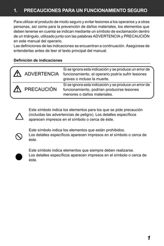 X50RX.book Page 1 Wednesday, May 11, 2011 9:39 AM

1.

PRECAUCIONES PARA UN FUNCIONAMIENTO SEGURO

Para utilizar el producto de modo seguro y evitar lesiones a los operarios y a otras
personas, así como para la prevención de daños materiales, los elementos que
deben tenerse en cuenta se indican mediante un símbolo de exclamación dentro
de un triángulo, utilizado junto con las palabras ADVERTENCIA y PRECAUCIÓN
en este manual del operario.
Las definiciones de las indicaciones se encuentran a continuación. Asegúrese de
entenderlas antes de leer el texto principal del manual.
Definición de indicaciones
Si se ignora esta indicación y se produce un error de

ADVERTENCIA funcionamiento, el operario podría sufrir lesiones
graves o incluso la muerte.

PRECAUCIÓN

Si se ignora esta indicación y se produce un error de
funcionamiento, podrían producirse lesiones
menores o daños materiales.

Este símbolo indica los elementos para los que se pide precaución
(incluidas las advertencias de peligro). Los detalles específicos
aparecen impresos en el símbolo o cerca de éste.
Este símbolo indica los elementos que están prohibidos.
Los detalles específicos aparecen impresos en el símbolo o cerca de
éste.
Este símbolo indica elementos que siempre deben realizarse.
Los detalles específicos aparecen impresos en el símbolo o cerca de
éste.

1

 