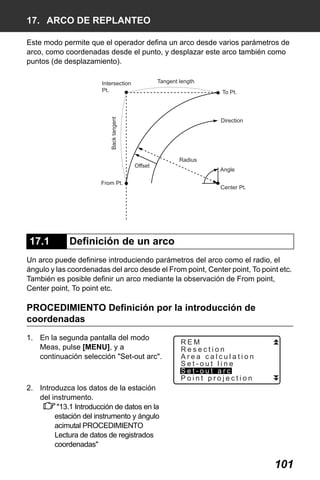 X50RX.book Page 101 Wednesday, May 11, 2011 9:39 AM

17. ARCO DE REPLANTEO
Este modo permite que el operador defina un arco desde varios parámetros de
arco, como coordenadas desde el punto, y desplazar este arco también como
puntos (de desplazamiento).
Tangent length

Intersection
Pt.

Back tangent

To Pt.

Direction

Offset
From Pt.

17.1

Radius
Angle
Center Pt.

Definición de un arco

Un arco puede definirse introduciendo parámetros del arco como el radio, el
ángulo y las coordenadas del arco desde el From point, Center point, To point etc.
También es posible definir un arco mediante la observación de From point,
Center point, To point etc.

PROCEDIMIENTO Definición por la introducción de
coordenadas
1. En la segunda pantalla del modo
Meas, pulse [MENU], y a
continuación selección "Set-out arc".

REM
Resection
Area calculation
Set-out line
Set-out arc
Point projection

2. Introduzca los datos de la estación
del instrumento.
"13.1 Introducción de datos en la
estación del instrumento y ángulo
acimutal PROCEDIMIENTO
Lectura de datos de registrados
coordenadas"

101

 