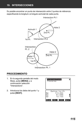 X50RX.book Page 115 Wednesday, May 11, 2011 9:39 AM

19. INTERSECCIONES
Es posible encontrar un punto de intersección entre 2 puntos de referencia
especificando la longitud o el ángulo acimutal de cada punto.

Intersection Pt.1

Hdist 2

Azimuth 1
2nd Pt.
1st Pt.

Intersection Pt.2

Intersection
Pt. 2
Hdist 2
2nd Pt.

Hdist 1
1st Pt.

Intersection Pt. 1

PROCEDIMIENTO
1. En la segunda pantalla del modo
Meas, pulse [MENU], y a
continuación selección
"Intersections".
2. Introduzca los datos del punto 1 y
pulse [NEXT].

Intersections
Traverse

Np:
Ep:
Zp:

Define 1st Pt.
11 3 . 4 6 4
91.088
12.122

READ

REC

OBS

NEXT

115

 