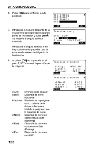 X50RX.book Page 122 Wednesday, May 11, 2011 9:39 AM

20. AJUSTE POLIGONAL
6. Pulse [OK] para confirmar la ruta
poligonal.

0 0 6 : T- 0 0 0 6
0 0 7 : T- 0 0 0 7
0 0 8 : T- 0 0 0 1
009:
OK

LIST

7. Introduzca el nombre del punto de la
estación del punto precedente para el
punto de finalización y pulse {
}.
Se muestra el ángulo acimutal
calculado.

Traverse end pt.
S t n : T- 0 0 0 1
F s : T- 0 0 0 2
Azmth:
335 27’46"
OK
LIST

Introduzca el ángulo acimutal si no
hay coordenadas grabadas para la
estación de referencia del punto de
finalización.
8. Al pulsar [OK] en la pantalla en el
paso 7, SET mostrará la precisión de
la poligonal.

Traverse precision
d.Ang
d.Dist
Precision
OPTION

ADJUST

Traverse precision
d.North :
d.East :
d.Elev :
OPTION

d.Ang:
d.Dist:

Error de cierre angular
Distancia de cierre
horizontal
Precision: Precisión de la poligonal
como cociente de la
distancia horizontal
total de la poligonal para
la distancia de cierre
d.North:
Distancia de cierre en
coordenadas Norte
(Northing)
d.East:
Distancia de cierre en
coordenadas Este
(Easting)
d.Elev:
Distancia de cierre en
elevación

122

0.013
0.000
-0.002
ADJUST

 