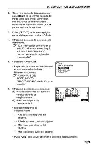 X50RX.book Page 129 Wednesday, May 11, 2011 9:39 AM

21. MEDICIÓN POR DESPLAZAMIENTO
2. Observe el punto de desplazamiento y
pulse [DIST] en la primera pantalla del
modo Meas para iniciar la medición.
Los resultados de la medición se
muestran en la pantalla. Pulse [STOP]
para abandonar la medición.
3. Pulse [OFFSET] en la tercera página
del modo Meas para mostrar <Offset>.
4. Introduzca los datos de la estación del
instrumento.
"13.1 Introducción de datos en la
estación del instrumento y ángulo
acimutal PROCEDIMIENTO
Lectura de datos de registrados
coordenadas".
5. Seleccione "Offset/Dist".
• La pantalla de nivelación se muestra si
el instrumento desnivelado.
Nivele el instrumento.
"7. MONTAJE DEL
INSTRUMENTO
PROCEDIMIENTO Nivelación en la
pantalla"
6. Introduzca los siguientes elementos:
(1) Distancia horizontal del punto del
objetivo al punto de
desplazamiento.
(2) Dirección del punto de
desplazamiento.

Offset

Stn. Orientation
Offset/Dist
Offset/Angle
Offset/2D

2.000
OBS

OK

• Dirección del punto de
desplazamiento
←: A la izquierda del punto del
objetivo.
→: A la derecha del punto del objetivo.
↓ : Más cerca que el punto del
objetivo.
↑ : Más lejos que el punto del objetivo.
• Pulse [OBS] para volver observar el punto de desplazamiento.

129

 