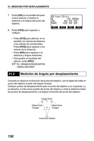 X50RX.book Page 130 Wednesday, May 11, 2011 9:39 AM

21. MEDICIÓN POR DESPLAZAMIENTO

7. Pulse [OK] en la pantalla del paso
5 para calcular y mostrar la
distancia y el ángulo del punto del
objetivo.
8. Pulse [YES] para regresar a
<Offset>.
• Pulse [XYZ] para alternar, en la
pantalla, los valores de distancia
y los valores de coordenadas.
Pulse [HVD] para regresar a los
valores de la distancia.
• Pulse [NO] para regresar a la
distancia y ángulo anteriores.
• Para grabar el resultado del
cálculo, pulse [REC].
"24. GRABACIÓN DE DATOS
- MENÚ RECORD"

21.2

Medición de ángulo por desplazamiento

Consiste en observar la dirección del punto del objetivo, con el objeto de hallar el
punto del objetivo a partir del ángulo incluido.
Coloque puntos de desplazamiento para el punto del objetivo a su izquierda y a
su derecha, lo más cerca posible del punto del objetivo y mida la distancia hasta
los puntos de desplazamiento y el ángulo horizontal del punto del objetivo.

130

 
