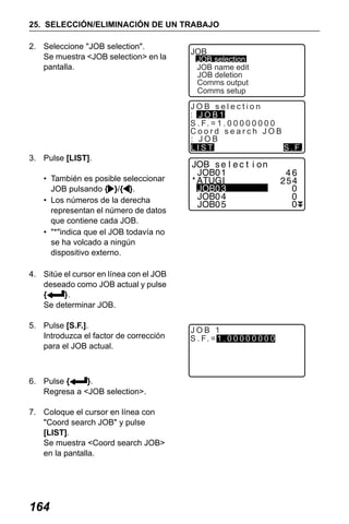 X50RX.book Page 164 Wednesday, May 11, 2011 9:39 AM

25. SELECCIÓN/ELIMINACIÓN DE UN TRABAJO
2. Seleccione "JOB selection".
Se muestra <JOB selection> en la
pantalla.

JOB

JOB selection
JOB name edit
JOB deletion
Comms output
Comms setup

JOB selection
: JOB1
S . F. = 1 . 0 0 0 0 0 0 0 0
Coord search JOB
: JOB
LIST
S . F.

3. Pulse [LIST].
• También es posible seleccionar
JOB pulsando { }/{ }.
• Los números de la derecha
representan el número de datos
que contiene cada JOB.
• "*"indica que el JOB todavía no
se ha volcado a ningún
dispositivo externo.
4. Sitúe el cursor en línea con el JOB
deseado como JOB actual y pulse
{
}.
Se determinar JOB.
5. Pulse [S.F.].
Introduzca el factor de corrección
para el JOB actual.

6. Pulse {
}.
Regresa a <JOB selection>.
7. Coloque el cursor en línea con
"Coord search JOB" y pulse
[LIST].
Se muestra <Coord search JOB>
en la pantalla.

164

JOB 1
S . F. = 1 . 0 0 0 0 0 0 0 0

 