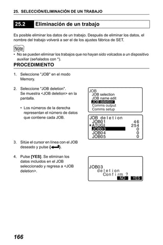 X50RX.book Page 166 Wednesday, May 11, 2011 9:39 AM

25. SELECCIÓN/ELIMINACIÓN DE UN TRABAJO

25.2

Eliminación de un trabajo

Es posible eliminar los datos de un trabajo. Después de eliminar los datos, el
nombre del trabajo volverá a ser el de los ajustes fábrica de SET.

• No se pueden eliminar los trabajos que no hayan sido volcados a un dispositivo
auxiliar (señalados con *).

PROCEDIMIENTO
1. Seleccione "JOB" en el modo
Memory.
2. Seleccione "JOB deletion".
Se muestra <JOB deletion> en la
pantalla.
• Los números de la derecha
representan el número de datos
que contiene cada JOB.

3. Sitúe el cursor en línea con el JOB
deseado y pulse {
}.
4. Pulse [YES]. Se eliminan los
datos incluidos en el JOB
seleccionado y regresa a <JOB
deletion>.

166

JOB

JOB selection
JOB name edit
JOB deletion
Comms output
Comms setup

 