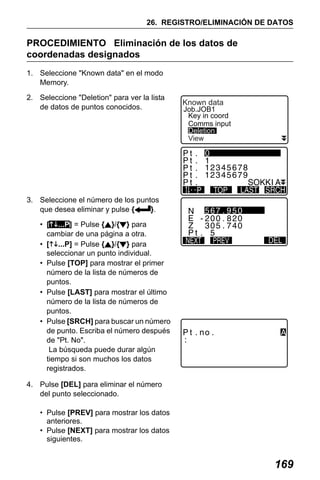 X50RX.book Page 169 Wednesday, May 11, 2011 9:39 AM

26. REGISTRO/ELIMINACIÓN DE DATOS

PROCEDIMIENTO Eliminación de los datos de
coordenadas designados
1. Seleccione "Known data" en el modo
Memory.
2. Seleccione "Deletion" para ver la lista
de datos de puntos conocidos.

Known data

Job.JOB1
Key in coord
Comms input
Deletion
View

3. Seleccione el número de los puntos
que desea eliminar y pulse {
}.
• [ ...P] = Pulse { }/{ } para
cambiar de una página a otra.
• [ ...P] = Pulse { }/{ } para
seleccionar un punto individual.
• Pulse [TOP] para mostrar el primer
número de la lista de números de
puntos.
• Pulse [LAST] para mostrar el último
número de la lista de números de
puntos.
• Pulse [SRCH] para buscar un número
de punto. Escriba el número después
de "Pt. No".
La búsqueda puede durar algún
tiempo si son muchos los datos
registrados.
4. Pulse [DEL] para eliminar el número
del punto seleccionado.
• Pulse [PREV] para mostrar los datos
anteriores.
• Pulse [NEXT] para mostrar los datos
siguientes.

169

 