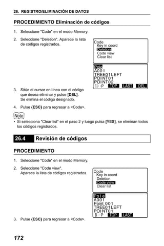 X50RX.book Page 172 Wednesday, May 11, 2011 9:39 AM

26. REGISTRO/ELIMINACIÓN DE DATOS

PROCEDIMIENTO Eliminación de códigos
1. Seleccione "Code" en el modo Memory.
2. Seleccione "Deletion". Aparece la lista
de códigos registrados.

Code

Key in coord
Deletion
Code view
Clear list

3. Sitúe el cursor en línea con el código
que desea eliminar y pulse [DEL].
Se elimina el código designado.
4. Pulse {ESC} para regresar a <Code>.

• Si selecciona "Clear list" en el paso 2 y luego pulsa [YES], se eliminan todos
los códigos registrados.

26.4

Revisión de códigos

PROCEDIMIENTO
1. Seleccione "Code" en el modo Memory.
2. Seleccione "Code view".
Aparece la lista de códigos registrados.

3. Pulse {ESC} para regresar a <Code>.

172

Code

Key in coord
Deletion
Code view
Clear list

 