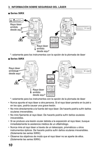 X50RX.book Page 10 Wednesday, May 11, 2011 9:39 AM

3. INFORMACIÓN SOBRE SEGURIDAD DEL LÁSER
Series 50RX

AVOID EXPOSURE-Laser radiation
is emitted from this aperture.

Rayo láser
emitido
desde aquí

*
LASER RADIATION

Rayo láser
emitido
desde aquí*
*: solamente para los instrumentos con la opción de la plomada de láser
AVOID DIRECT EYE EXPOSURE

MAX 5mW LD 625-695nm
CLASS3R LASER PRODUCT
IEC 60825-1 Ed. 2.0 : 2007

Series 50RX

Rayo láser
emitido
desde aquí
CLASS 1
LASER PRODUCT

*
Rayo láser
emitido
desde aquí*

LASER RADIATION
DO NOT STARE INTO BEAM
MAX 0.99mW LD 625-695nm
CLASS2 LASER PRODUCT
IEC 60825-1 Ed. 2.0 : 2007

*: solamente para los instrumentos con la opción de la plomada de láser
• Nunca apunte el rayo láser a otra persona. Si el rayo láser penetra en la piel o
en los ojos, podría causar una grave lesión.
• No mire directamente a la fuente del rayo láser. De hacerlo podría sufrir daños
oculares irreversibles.
• No mire fijamente al rayo láser. De hacerlo podría sufrir daños oculares
irreversibles.
• Si se produce una lesión ocular debida a la exposición al rayo láser, busque
inmediatamente la asistencia médica de un oftalmólogo.
• Nunca mire al rayo láser a través de un telescopio, prismáticos u otros
instrumentos ópticos. De hacerlo podría sufrir daños oculares irreversibles.
(Solamente las series 50RX)
• Observe los objetivos de modo que el rayo láser no se aparte de ellos.
(Solamente las series 50RX)

10

 