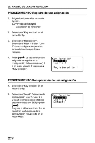 X50RX.book Page 214 Wednesday, May 11, 2011 9:39 AM

30. CAMBIO DE LA CONFIGURACIÓN

PROCEDIMIENTO Registro de una asignación
1. Asigne funciones a las teclas de
función.
"PROCEDIMIENTO
Asignación de funciones"
2. Seleccione "Key function" en el
modo Config.
3. Seleccione "Registration".
Seleccione "User 1" o bien "User
2" como configuración para las
teclas de función que desea
registrar.
4. Pulse {
}. La tecla de función
asignada se registra en la
configuración del usuario (user) 1
o en la del usuario 2 y regresa a
<Key function>.

PROCEDIMIENTO Recuperación de una asignación
1. Seleccione "Key function" en el
modo Config.
2. Seleccione"Recall". Seleccione la
configuración User 1, User 2 o
Default (configuración de fábrica
predeterminada del SET) y pulse
{
}.
Regresa a <Key function>. Así se
muestran las funciones de la
configuración recuperada en el
modo Meas.

214

 