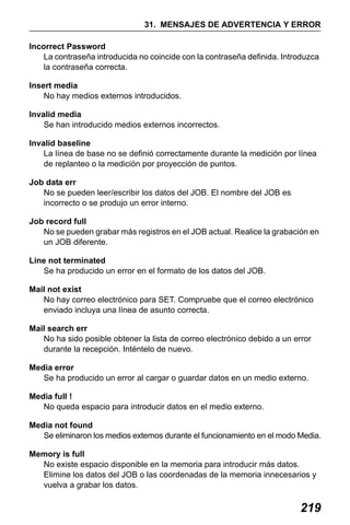 X50RX.book Page 219 Wednesday, May 11, 2011 9:39 AM

31. MENSAJES DE ADVERTENCIA Y ERROR
Incorrect Password
La contraseña introducida no coincide con la contraseña definida. Introduzca
la contraseña correcta.
Insert media
No hay medios externos introducidos.
Invalid media
Se han introducido medios externos incorrectos.
Invalid baseline
La línea de base no se definió correctamente durante la medición por línea
de replanteo o la medición por proyección de puntos.
Job data err
No se pueden leer/escribir los datos del JOB. El nombre del JOB es
incorrecto o se produjo un error interno.
Job record full
No se pueden grabar más registros en el JOB actual. Realice la grabación en
un JOB diferente.
Line not terminated
Se ha producido un error en el formato de los datos del JOB.
Mail not exist
No hay correo electrónico para SET. Compruebe que el correo electrónico
enviado incluya una línea de asunto correcta.
Mail search err
No ha sido posible obtener la lista de correo electrónico debido a un error
durante la recepción. Inténtelo de nuevo.
Media error
Se ha producido un error al cargar o guardar datos en un medio externo.
Media full !
No queda espacio para introducir datos en el medio externo.
Media not found
Se eliminaron los medios externos durante el funcionamiento en el modo Media.
Memory is full
No existe espacio disponible en la memoria para introducir más datos.
Elimine los datos del JOB o las coordenadas de la memoria innecesarios y
vuelva a grabar los datos.

219

 