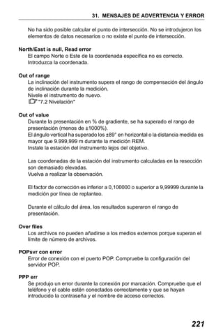 X50RX.book Page 221 Wednesday, May 11, 2011 9:39 AM

31. MENSAJES DE ADVERTENCIA Y ERROR
No ha sido posible calcular el punto de intersección. No se introdujeron los
elementos de datos necesarios o no existe el punto de intersección.
North/East is null, Read error
El campo Norte o Este de la coordenada específica no es correcto.
Introduzca la coordenada.
Out of range
La inclinación del instrumento supera el rango de compensación del ángulo
de inclinación durante la medición.
Nivele el instrumento de nuevo.
"7.2 Nivelación"
Out of value
Durante la presentación en % de gradiente, se ha superado el rango de
presentación (menos de ±1000%).
El ángulo vertical ha superado los ±89° en horizontal o la distancia medida es
mayor que 9.999,999 m durante la medición REM.
Instale la estación del instrumento lejos del objetivo.
Las coordenadas de la estación del instrumento calculadas en la resección
son demasiado elevadas.
Vuelva a realizar la observación.
El factor de corrección es inferior a 0,100000 o superior a 9,99999 durante la
medición por línea de replanteo.
Durante el cálculo del área, los resultados superaron el rango de
presentación.
Over files
Los archivos no pueden añadirse a los medios externos porque superan el
límite de número de archivos.
POPsvr con error
Error de conexión con el puerto POP. Compruebe la configuración del
servidor POP.
PPP err
Se produjo un error durante la conexión por marcación. Compruebe que el
teléfono y el cable estén conectados correctamente y que se hayan
introducido la contraseña y el nombre de acceso correctos.

221

 