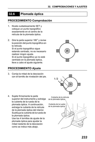 X50RX.book Page 233 Wednesday, May 11, 2011 9:39 AM

32. COMPROBACIONES Y AJUSTES

32.6

Plomada óptica

PROCEDIMIENTO Comprobación
1. Nivele cuidadosamente SET y
coloque un punto topográfico
exactamente en el centro de la
retícula de la plomada óptica.
2. Gire la parte superior 180° y revise
la posición del punto topográfico en
la retícula.
Si el punto topográfico sigue
estando centrado, no es necesario
realizar ningún ajuste.
Si el punto topográfico ya no está
centrado en la plomada óptica,
lleve a cabo el ajuste siguiente.

PROCEDIMIENTO Ajuste
3. Corrija la mitad de la desviación
con el tornillo de nivelación del pie.

4. Sujete firmemente la parte
superior del instrumento y extraiga
la cubierta de la rueda de la
plomada óptica. A continuación,
extraiga la cubierta de la retícula
de la plomada óptica del interior.
Sustituya la cubierta de la rueda de
la plomada óptica.
Use los 4 tornillos de ajuste de la
plomada óptica para ajustar la
mitad restante de la desviación
como se indica más abajo.

Cubierta de la retícula
de la plomada óptica
Cubierta de la rueda
de la plomada óptica

233

 