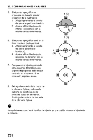 X50RX.book Page 234 Wednesday, May 11, 2011 9:39 AM

32. COMPROBACIONES Y AJUSTES
5. Si el punto topográfico se
encuentra en la parte inferior
(superior) de la ilustración:
1 Afloje ligeramente el tornillo
de ajuste superior (o inferior).
2 Apriete el tornillo de ajuste
inferior (o superior) con la
misma cantidad de vueltas.

1 (2)

2 (1)
6. Si el punto topográfico está en la
línea continua (o de puntos):
3 Afloje ligeramente el tornillo
de ajuste derecho (o
izquierdo).
4 Apriete el tornillo de ajuste
izquierdo (o derecho) con la
misma cantidad de vueltas.

4
(3)

3
(4)

7. Compruebe el ajuste girando la
parte superior del instrumento.
El punto topográfico debe seguir
centrado en la retícula. Si es
necesario, repita el ajuste.

8. Extraiga la cubierta de la rueda de
la plomada óptica y coloque la
cubierta de la retícula de la
plomada óptica en el interior.
Sustituya la cubierta de la rueda
de la plomada óptica.

No apriete en exceso los 4 tornillos de ajuste, ya que podría rebasar el ajuste de
la retícula.

234

 