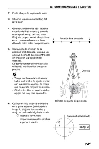 X50RX.book Page 241 Wednesday, May 11, 2011 9:39 AM

32. COMPROBACIONES Y AJUSTES
2. Emita el rayo de la plomada láser.
3. Observe la posición actual (x) del
rayo láser.
4. Gire horizontalmente 180° la parte
superior del instrumento y anote la
nueva posición (y) del rayo láser.
El ajuste proporcionará el rayo láser
en un punto medio en una línea
dibujada entre estas dos posiciones.
5. Compruebe la posición de la
posición final deseada. Coloque un
objetivo de modo que su centro esté
en línea con la posición final
deseada.
La desviación restante se ajustará
utilizando los 4 tornillos de ajuste
preciso.

x

y

Posición final deseada

Objetivo

:
• Tenga mucho cuidado al ajustar
todos los tornillos de ajuste preciso
con las mismas vueltas, de modo
que no apriete ninguno en exceso.
• Gire los tornillos en sentido de las
agujas del reloj para apretarlos.
Tornillos de ajuste de precisión
6. Cuando el rayo láser se encuentre
en la parte superior (inferior) de la
Imag. A, el ajuste hacia arriba y
abajo se realiza del siguiente modo:
Inserte la llave Allen
proporcionada en los tornillos
superior e inferior.

Posición final deseada

Imag. A

241

 