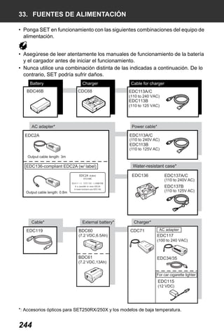 X50RX.book Page 244 Wednesday, May 11, 2011 9:39 AM

33. FUENTES DE ALIMENTACIÓN
• Ponga SET en funcionamiento con las siguientes combinaciones del equipo de
alimentación.
• Asegúrese de leer atentamente los manuales de funcionamiento de la batería
y el cargador antes de iniciar el funcionamiento.
• Nunca utilice una combinación distinta de las indicadas a continuación. De lo
contrario, SET podría sufrir daños.
Battery
BDC46B

Charger
CDC68

Cable for charger
EDC113A/C
(110 to 240 VAC)

EDC113B

(110 to 125 VAC)

AC adapter*

Power cable*
EDC113A/C

(110 to 240V AC)

EDC113B

(110 to 125V AC)

Output cable length: 3m

EDC136-compliant EDC2A (w/ label)

Water-resistant case*
EDC137A/C

(110 to 240V AC)

EDC137B

(110 to 125V AC)

Output cable length: 0.8m

Cable*

External battery*

Charger*
AC adapter

For car cigarette lighter

*: Accesorios ópticos para SET250RX/250X y los modelos de baja temperatura.

244

 