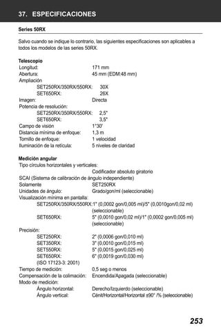 X50RX.book Page 253 Wednesday, May 11, 2011 9:39 AM

37. ESPECIFICACIONES
Series 50RX
Salvo cuando se indique lo contrario, las siguientes especificaciones son aplicables a
todos los modelos de las series 50RX.
Telescopio
Longitud:
171 mm
Abertura:
45 mm (EDM:48 mm)
Ampliación
SET250RX/350RX/550RX: 30X
SET650RX:
26X
Imagen:
Directa
Potencia de resolución:
SET250RX/350RX/550RX: 2,5"
SET650RX:
3,5"
Campo de visión
1°30'
Distancia mínima de enfoque:
1,3 m
Tornillo de enfoque:
1 velocidad
Iluminación de la retícula:
5 niveles de claridad
Medición angular
Tipo círculos horizontales y verticales:
Codificador absoluto giratorio
SCAI (Sistema de calibración de ángulo independiente)
Solamente
SET250RX
Unidades de ángulo:
Grado/gon/ml (seleccionable)
Visualización mínima en pantalla:
SET250RX/350RX/550RX:1" (0,0002 gon/0,005 ml)/5" (0,0010gon/0,02 ml)
(seleccionable)
SET650RX:
5" (0,0010 gon/0,02 ml)/1" (0,0002 gon/0,005 ml)
(seleccionable)
Precisión:
SET250RX:
2" (0,0006 gon/0,010 ml)
SET350RX:
3" (0,0010 gon/0,015 ml)
SET550RX:
5" (0,0015 gon/0,025 ml)
SET650RX:
6" (0,0019 gon/0,030 ml)
(ISO 17123-3: 2001)
Tiempo de medición:
0,5 seg o menos
Compensación de la colimación: Encendida/Apagada (seleccionable)
Modo de medición:
Ángulo horizontal:
Derecho/Izquierdo (seleccionable)
Ángulo vertical:
Cénit/Horizontal/Horizontal ±90° /% (seleccionable)

253

 