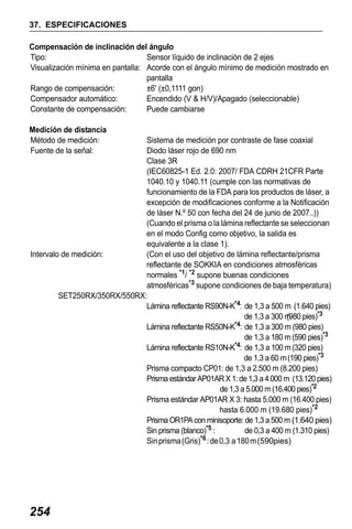 X50RX.book Page 254 Wednesday, May 11, 2011 9:39 AM

37. ESPECIFICACIONES
Compensación de inclinación del ángulo
Tipo:
Sensor líquido de inclinación de 2 ejes
Visualización mínima en pantalla: Acorde con el ángulo mínimo de medición mostrado en
pantalla
Rango de compensación:
±6' (±0,1111 gon)
Compensador automático:
Encendido (V & H/V)/Apagado (seleccionable)
Constante de compensación:
Puede cambiarse
Medición de distancia
Método de medición:
Fuente de la señal:

Sistema de medición por contraste de fase coaxial
Diodo láser rojo de 690 nm
Clase 3R
(IEC60825-1 Ed. 2.0: 2007/ FDA CDRH 21CFR Parte
1040.10 y 1040.11 (cumple con las normativas de
funcionamiento de la FDA para los productos de láser, a
excepción de modificaciones conforme a la Notificación
de láser N.º 50 con fecha del 24 de junio de 2007..))
(Cuando el prisma o la lámina reflectante se seleccionan
en el modo Config como objetivo, la salida es
equivalente a la clase 1).
Intervalo de medición:
(Con el uso del objetivo de lámina reflectante/prisma
reflectante de SOKKIA en condiciones atmosféricas
normales *1/ *2 supone buenas condiciones
atmosféricas*3 supone condiciones de baja temperatura)
SET250RX/350RX/550RX:
Lámina reflectante RS90N-K*4: de 1,3 a 500 m (1.640 pies)
de 1,3 a 300 m pies)*3
(980
Lámina reflectante RS50N-K*4: de 1,3 a 300 m (980 pies)
de 1,3 a 180 m (590 pies)*3
Lámina reflectante RS10N-K*4: de 1,3 a 100 m (320 pies)
de 1,3 a 60 m (190 pies)*3
Prisma compacto CP01: de 1,3 a 2.500 m (8.200 pies)
Prisma estándar AP01AR X 1: de 1,3 a 4.000 m (13.120 pies)
de 1,3 a 5.000 m (16.400 pies)*2
Prisma estándar AP01AR X 3: hasta 5.000 m (16.400 pies)
hasta 6.000 m (19.680 pies)*2
Prisma OR1PA con minisoporte: de 1,3 a 500 m (1.640 pies)
Sin prisma (blanco)*5 :
de 0,3 a 400 m (1.310 pies)
Sin prisma (Gris)*6 : de 0,3 a 180 m (590pies)

254

 