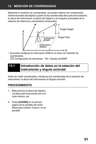 X50RX.book Page 61 Wednesday, May 11, 2011 9:39 AM

13. MEDICIÓN DE COORDENADAS
Mediante la medición de coordenadas, se pueden obtener las coordenadas
tridimensionales del objetivo a partir de las coordenadas del punto de la estación,
la altura del instrumento, la altura del objetivo y los ángulos acimutales de la
estación de referencia, previamente introducidos.

• Se puede configurar la información EDM en el menú de medición de
coordenadas.
Configuración de elementos: "30.1 Ajustes de EDM"

13.1

Introducción de datos en la estación del
instrumento y ángulo acimutal

Antes de medir coordenadas, introduzca las coordenadas de la estación del
instrumento, la altura del instrumentoy el ángulo acimutal.

PROCEDIMIENTO
1. Mida primero la altura del objetivo
y la altura del instrumento con una
cinta métrica, etc.
2. Pulse [COORD] en la primera
página de la pantalla del modo
Meas para mostrar <Coord.> en la
pantalla.

61

 