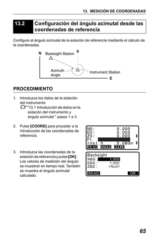 X50RX.book Page 65 Wednesday, May 11, 2011 9:39 AM

13. MEDICIÓN DE COORDENADAS

13.2

Configuración del ángulo acimutal desde las
coordenadas de referencia

Configure al ángulo acimutal de la estación de referencia mediante el cálculo de
la coordenadas.

PROCEDIMIENTO
1. Introduzca los datos de la estación
del instrumento.
"13.1 Introducción de datos en la
estación del instrumento y
ángulo acimutal " pasos 1 a 3
2. Pulse [COORD] para proceder a la
introducción de las coordenadas de
referencia.

Pt.
READ ANGLE COORD

3. Introduzca las coordenadas de la
estación de referencia y pulse [OK].
Los valores de medición del ángulo
se muestran en tiempo real. También
se muestra el ángulo acimutal
calculado.

Backsight
NBS :
EBS :
ZBS :

READ

1.000
1.000
<Null>
OK

65

 