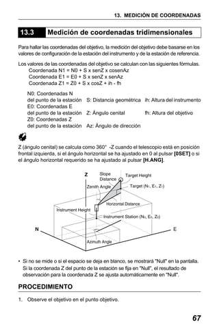 X50RX.book Page 67 Wednesday, May 11, 2011 9:39 AM

13. MEDICIÓN DE COORDENADAS

13.3

Medición de coordenadas tridimensionales

Para hallar las coordenadas del objetivo, la medición del objetivo debe basarse en los
valores de configuración de la estación del instrumento y de la estación de referencia.
Los valores de las coordenadas del objetivo se calculan con las siguientes fórmulas.
Coordenada N1 = N0 + S x senZ x cosenAz
Coordenada E1 = E0 + S x senZ x senAz
Coordenada Z1 = Z0 + S x cosZ + ih - fh
N0: Coordenadas N
del punto de la estación S: Distancia geométrica ih: Altura del instrumento
E0: Coordenadas E
del punto de la estación Z: Ángulo cenital
fh: Altura del objetivo
Z0: Coordenadas Z
del punto de la estación Az: Ángulo de dirección

Z (ángulo cenital) se calcula como 360° -Z cuando el telescopio está en posición
frontal izquierda, si el ángulo horizontal se ha ajustado en 0 al pulsar [0SET] o si
el ángulo horizontal requerido se ha ajustado al pulsar [H.ANG].

• Si no se mide o si el espacio se deja en blanco, se mostrará "Null" en la pantalla.
Si la coordenada Z del punto de la estación se fija en "Null", el resultado de
observación para la coordenada Z se ajusta automáticamente en "Null".

PROCEDIMIENTO
1. Observe el objetivo en el punto objetivo.

67

 