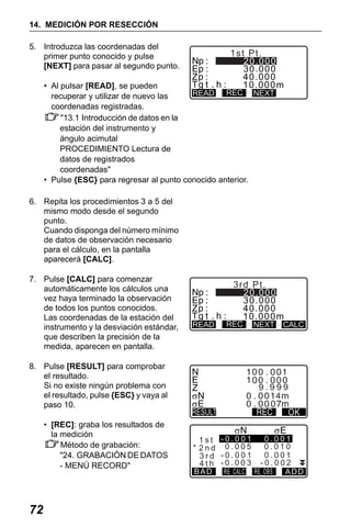 X50RX.book Page 72 Wednesday, May 11, 2011 9:39 AM

14. MEDICIÓN POR RESECCIÓN
5. Introduzca las coordenadas del
primer punto conocido y pulse
[NEXT] para pasar al segundo punto.

1st Pt.
20.000
30.000
40.000
10.000m

• Al pulsar [READ], se pueden
READ REC NEXT
recuperar y utilizar de nuevo las
coordenadas registradas.
"13.1 Introducción de datos en la
estación del instrumento y
ángulo acimutal
PROCEDIMIENTO Lectura de
datos de registrados
coordenadas"
• Pulse {ESC} para regresar al punto conocido anterior.
6. Repita los procedimientos 3 a 5 del
mismo modo desde el segundo
punto.
Cuando disponga del número mínimo
de datos de observación necesario
para el cálculo, en la pantalla
aparecerá [CALC].
7. Pulse [CALC] para comenzar
automáticamente los cálculos una
vez haya terminado la observación
de todos los puntos conocidos.
Las coordenadas de la estación del
instrumento y la desviación estándar,
que describen la precisión de la
medida, aparecen en pantalla.
8. Pulse [RESULT] para comprobar
el resultado.
Si no existe ningún problema con
el resultado, pulse {ESC} y vaya al
paso 10.
• [REC]: graba los resultados de
la medición
Método de grabación:
"24. GRABACIÓN DE DATOS
- MENÚ RECORD"

72

READ

3rd Pt.
20.000
30.000
40.000
10.000m

REC

NEXT

CALC

9.999
4
RESULT
0.001
1st -0.001
0.010
* 2nd 0.005
0.001
3rd -0.001
4th -0.003 -0.002
BAD
ADD
RE_CALC RE_OBS

 
