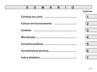 0.11
Conheça seu carro ................................................
Colocar em funcionamento ..................................
Conforto .................................................................
Manutenção...............................................................
Conselhos práticos..................................................
Características técnicas..........................................
Índice alfabético.......................................................
Capítulos
1
S U M Á R I O
2
3
4
5
6
7
 