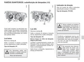 5.9
Indicador de direção
Gire um quarto de volta o porta-lâm-
pada 2 para acessar a lâmpada
Tipo de lâmpada: PY21W.
Você pode substituir as lâmpadas des-
critas a seguir. No entanto, recomenda-
mos mandar efetuar esta substituição
em uma Oficina Autorizada, se o manu-
seio parecer difícil.
Luz baixa
Remova a tampa A.
Solte o conector 1, extraia o conjunto
de seu alojamento e solte a lâmpada.
Tipo de lâmpada: H7. No momento das interven-
ções perto do motor, pro-
ceda com cuidado, pois
pode estar quente. Além
disto, o ventilador do motor pode
entrar em funcionamento a qual-
quer instante.
As lâmpadas estão sob
pressão e podem estourar
durante a substituição.
Risco de ferimentos.
FARÓIS DIANTEIROS: substituição de lâmpadas (1/2)
A
B
1
3
2
Conforme a legislação local ou por
precaução, obtenha numa Oficina
Autorizada uma caixa de emergên-
cia com um jogo de lâmpadas e
outro de fusíveis.
Luz alta
Remova a tampa B.
Solte o conector 3, extraia o conjunto
de seu alojamento e solte a lâmpada.
Tipo de lâmpada: H7.
Nunca toque no vidro da lâmpada.
Segure pela base.
Localize o posicionamento correto da
lâmpada antes da desmontagem para
garantir o posicionamento correto du-
rante a remontagem.
Após trocar a lâmpada, reposicione a
tampa corretamente.
Tenha cuidado ao substituir
as lâmpadas. A troca de po-
sição entre elas pode oca-
sionar falha no funciona-
mento da lanterna.
 