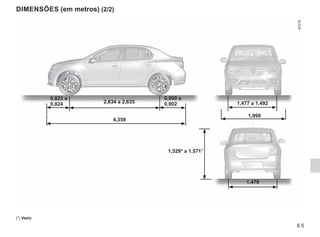 6.5
DIMENSÕES (em metros) (2/2)
1,479
(*) Vazio
1,477 a 1,492
1,998
2,634 a 2,635
0,823 a
0,824
0,900 a
0,902
4,359
1,529* a 1,571*
 