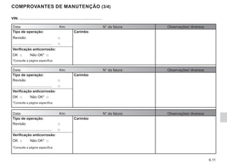 6.11
COMPROVANTES DE MANUTENÇÃO (3/4)
VIN: ..................................................................................
Data: Km: N° da fatura: Observações/ diversos
Tipo de operação: Carimbo
Revisão □
....................................... □
Verificação anticorrosão:
OK □ Não OK* □
*Consulte a página específica
Data: Km: N° da fatura: Observações/ diversos
Tipo de operação: Carimbo
Revisão □
....................................... □
Verificação anticorrosão:
OK □ Não OK* □
*Consulte a página específica
Data: Km: N° da fatura: Observações/ diversos
Tipo de operação: Carimbo
Revisão □
....................................... □
Verificação anticorrosão:
OK □ Não OK* □
*Consulte a página específica
 