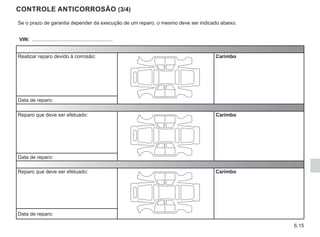 6.15
CONTROLE ANTICORROSÃO (3/4)
Se o prazo de garantia depender da execução de um reparo, o mesmo deve ser indicado abaixo.
VIN: .........................................................
Realizar reparo devido à corrosão: Carimbo
Data de reparo:
Reparo que deve ser efetuado: Carimbo
Data de reparo:
Reparo que deve ser efetuado: Carimbo
Data de reparo:
 