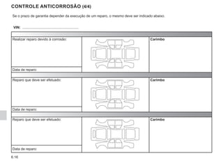 6.16
CONTROLE ANTICORROSÃO (4/4)
Se o prazo de garantia depender da execução de um reparo, o mesmo deve ser indicado abaixo.
VIN: .........................................................
Realizar reparo devido à corrosão: Carimbo
Data de reparo:
Reparo que deve ser efetuado: Carimbo
Data de reparo:
Reparo que deve ser efetuado: Carimbo
Data de reparo:
 
