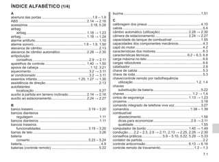 7.1
A
abertura das portas.....................................................1.8 – 1.9
ABS....................................................................... 2.14 → 2.16
acessórios.................................................................3.18, 5.28
airbag
airbag............................................................... 1.18 → 1.23
airbag.................................................................... 1.18 → 1.24
alarme antifurto..................................................................1.10
alarme sonoro....................................................1.8 – 1.9, 1.50
alavanca de câmbio...........................................................2.13
alavanca de câmbio automático............................ 2.28 → 2.30
antipoluição
conselhos............................................................2.9 → 2.11
aparelhos de controle............................................ 1.40 → 1.50
apoios de cabeça......................................................1.12, 3.21
aquecimento.............................................................3.2 → 3.11
ar condicionado........................................................3.2 → 3.11
assentos infantis........................................... 1.25, 1.27 → 1.30
assistência de direção........................................................2.13
autofalantes
localização....................................................................5.27
auxílio à partida em terreno inclinado................... 2.14 → 2.16
auxílio ao estacionamento..................................... 2.24 → 2.27
B
banco traseiro..........................................................3.19 – 3.20
bancos dianteiros
regulagem..................................................................... 1.11
bancos dianteiros............................................................... 1.11
bancos traseiros
funcionalidades..................................................3.19 – 3.20
barras de teto.....................................................................3.26
bateria
conserto.............................................................5.23 – 5.24
bateria..................................................................................4.9
baterias (controle remoto)..................................................5.22
buzina.................................................................................1.51
C
calibragem dos pneus........................................................4.10
calota....................................................................................5.4
câmbio automático (utilização).............................. 2.28 → 2.30
câmera de estacionamento................................... 2.24 → 2.27
capacidade do tanque de combustível...............................1.55
capacidades dos componentes mecânicos..........................4.3
capô do motor......................................................................4.2
características dos motores.................................................6.3
características técnicas........................................6.2 – 6.3, 6.8
carga máxima no teto...........................................................6.6
cargas rebocáveis................................................................6.6
catalisador............................................................................2.8
chave de calota....................................................................5.3
chave de roda.......................................................................5.3
chave/controle remoto por radiofrequência
utilização..................................................................1.2, 1.4
chaves
substituição da bateria..................................................5.22
chaves....................................................................... 1.2 → 1.4
cintos de segurança.............................................. 1.13 → 1.23
cinzeiros.............................................................................3.18
comando integrado de telefone viva voz............................3.27
comandos................................................................1.38 – 1.39
combustível
abastecimento..............................................................1.56
dicas para economizar........................................2.9 → 2.11
qualidade......................................................................1.55
computador de bordo............................................ 1.45 → 1.49
condução...... 2.2 – 2.3, 2.8 → 2.11, 2.13 → 2.25, 2.28 → 2.30
conselhos práticos...................... 5.9 – 5.10, 5.22, 5.29 → 5.33
contator de partida...............................................................2.2
controle anticorrosão............................................. 6.13 → 6.16
controle remoto de travamento...................................1.2 – 1.3
ÍNDICE ALFABÉTICO (1/4)
 