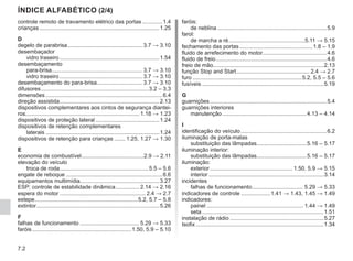 7.2
controle remoto de travamento elétrico das portas..............1.4
crianças..............................................................................1.25
D
degelo de parabrisa................................................. 3.7 → 3.10
desembaçador
vidro traseiro.................................................................1.54
desembaçamento
para-brisa........................................................... 3.7 → 3.10
vidro traseiro...................................................... 3.7 → 3.10
desembaçamento do para-brisa.............................. 3.7 → 3.10
difusores......................................................................3.2 – 3.3
dimensões............................................................................6.4
direção assistida.................................................................2.13
dispositivos complementares aos cintos de segurança diantei-
ros......................................................................... 1.18 → 1.23
dispositivos de proteção lateral..........................................1.24
dispositivos de retenção complementares
laterais..........................................................................1.24
dispositivos de retenção para crianças........ 1.25, 1.27 → 1.30
E
economia de combustível.........................................2.9 → 2.11
elevação do veículo
troca de roda..........................................................5.5 – 5.6
engate de reboque...............................................................6.6
equipamentos multimídia...................................................3.27
ESP: controle de estabilidade dinâmica................ 2.14 → 2.16
espera do motor........................................................ 2.4 → 2.7
estepe...................................................................5.2, 5.7 – 5.8
extintor................................................................................5.26
F
falhas de funcionamento....................................... 5.29 → 5.33
faróis.................................................................1.50, 5.9 – 5.10
faróis:
de neblina.......................................................................5.9
farol:
de marcha a ré..................................................5.11 → 5.15
fechamento das portas................................................1.8 – 1.9
fluido de arrefecimento do motor..........................................4.6
fluido de freio........................................................................4.6
freio de mão.......................................................................2.13
função Stop and Start................................................ 2.4 → 2.7
furo.......................................................................5.2, 5.5 – 5.6
fusíveis...............................................................................5.19
G
guarnições............................................................................5.4
guarnições interiores
manutenção.......................................................4.13 – 4.14
I
identificação do veículo........................................................6.2
iluminação de porta-malas
substituição das lâmpadas................................5.16 – 5.17
iluminação interior:
substituição das lâmpadas................................5.16 – 5.17
iluminação:
exterior...................................................... 1.50, 5.9 → 5.15
interior...........................................................................3.14
incidentes
falhas de funcionamento.................................. 5.29 → 5.33
indicadores de controle....................1.41 → 1.43, 1.45 → 1.49
indicadores:
painel............................................................... 1.44 → 1.49
seta...............................................................................1.51
instalação de rádio.............................................................5.27
Isofix...................................................................................1.34
ÍNDICE ALFABÉTICO (2/4)
 