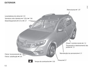 0.2
Chave / controle remoto ➥ 1.2
Travamento e destravamento das
portas ➥ 1.5
Manutenção da carroceria ➥ 4.11
Pneus ➥ 5.7
Levantadores de vidros ➥ 3.12
Varredura vidro dianteiro ➥ 1.52 e ➥ 1.54
Desembaçamento ➥ 3.4 e ➥ 3.7
Fárois: funcionamento ➥ 1.50
Fárois: substituição ➥ 5.9
EXTERIOR
Retrovisores ➥ 1.37
L Tanque de combustível ➥ 1.55
 