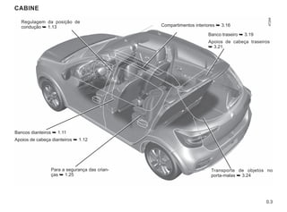 0.3
Regulagem da posição de
condução ➥ 1.13
Para a segurança das crian-
ças ➥ 1.25
Compartimentos interiores ➥ 3.16
Transporte de objetos no
porta-malas ➥ 3.24
Banco traseiro ➥ 3.19
Apoios de cabeça traseiros
➥ 3.21
CABINE
Bancos dianteiros ➥ 1.11
Apoios de cabeça dianteiros ➥ 1.12
 