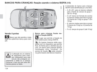 1.34
A dimensão do banco para crianças
ISOFIX está identificada por uma letra:
– A, B e B1: para os bancos voltados
para a frente do veículo do grupo 1
(de 9 a 18 kg);
– C e D: banco em formato de concha
ou bancos virados para trás no grupo
+0 (menos de 13 kg) ou grupo 1 (9 a
18 kg);
– E: bancos virados para trás no grupo
0 (menos de 10 kg) ou +0 (menos de
13 kg);
– F e G: berços do grupo 0 (até 10 kg)
Versão 5 portas
²Banco que não permite a insta-
lação de cadeirinha/ banco para crian-
ças.
A utilização de um sistema
de segurança para crian-
ças inadequado para este
veículo não protegerá cor-
retamente o bebê ou a criança.
Corre-se o risco de que sofra feri-
mentos graves ou fatais.
BANCOS PARA CRIANÇAS: fixação usando o sistema ISOFIX (1/3)
Banco para crianças fixada me-
diante a fixação ISOFIX
ü Lugar que permite a fixação de
uma cadeira para criança ISOFIX.
 Os lugares traseiros estão equi-
pados com um dispositivo que permite
fixar, de frente para a dianteira do veí-
culo, um banco para crianças ISOFIX
homologado como “Universal”. Os
pontos de fixação  estão situados
na parte traseira dos bancos traseiros.
 