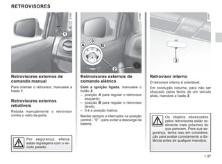 1.37
RETROVISORES
Retrovisores externos de
comando manual
Para orientar o retrovisor, manuseie a
haste 1.
Retrovisores externos
rebatíveis
Rebata manualmente o retrovisor
contra o vidro da porta.
Retrovisores externos de
comando elétrico
Com a ignição ligada, manuseie o
botão 2:
– posição A para regular o retrovisor
esquerdo;
– posição B para regular o retrovisor
direito;
– 0 é a posição inativa;
Manter sempre o interruptor na posição
central - “0” - para evitar a descarga da
bateria.
Retrovisor interno
O retrovisor interno é orientável.
Em condução noturna, para não ser
ofuscado pelos faróis de um veículo
atrás, manobre a haste 3.
A
0
B
3
1
Por segurança, efetue
estas regulagens com o ve-
ículo parado.
2
Os objetos observados
pelos retrovisores estão re-
almente mais próximos do
que parecem. Para sua se-
gurança, tenha isso em considera-
ção para avaliar corretamente a dis-
tância antes de qualquer manobra.
 