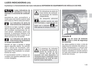 1.43
LUZES INDICADORAS (3/3)
äæ Luzes indicadoras de
assistência à troca de
marchas e à economia de combustí-
vel
Acendem-se para aconselhá-lo a
mudar para uma marcha superior (seta
para cima) ou inferior (seta para baixo).
L Luz indicadora de alerta de
nível mínimo de combustível
Acende-se ao ligar a ignição e apaga
alguns segundos depois. Se acender
em circulação acompanhada de um
sinal sonoro, reabasteça assim que
possível. A autonomia restante é de
aproximadamente 50km a partir da pri-
meira vez que a luz se acende.
 Luz indicadora de alerta de
nível mínimo de combustível
no tanque secundário Flex
Acende ao ligar a ignição e apaga
alguns segundos depois. Se acender
com o veículo em movimento, com-
plete o mais rápido possível o tanque
secundário Flex localizado no compar-
timento do motor.
É recomendável encher o tanque se-
cundário com gasolina aditivada e com
o motor desligado.
Os indicadores de alerta de
nível mínimo de combustí-
vel funcionam de maneira
independente.
A luz do tanquinho adicional
se acende quando ele está
com nível baixo, o qual não tem re-
lação com o indicador L que
trata apenas do tanque principal.
A presença do indicador
do tanquinho adicional de-
pende da versão do seu
veículo. Se ele não for
equipado com esse dispositivo, é
necessário fazer a verificação visual
periodicamente do nível de com-
bustível nesse reservatório.
A presença e o funcionamento das luzes indicadoras DEPENDEM DO EQUIPAMENTO DO VEÍCULO E DO PAÍS.
B
Console B
ç Luz de aviso de lembrete
sobre o cinto de segurança
do motorista
Se, dada a partida no motor, o cinto de
segurança do motorista não estiver co-
locado corretamente e o veículo tiver
atingido aproximadamente 20 km/h,
essa luz acenderá no console central e
um bipe será emitido por aproximada-
mente dois minutos.
 