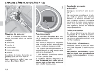 2.28
CAIXA DE CÂMBIO AUTOMÁTICA (1/3)
Alavanca de seleção 1
O visor 3, situado no painel de instru-
mentos, informa o modo e a marcha
engatada.
P: estacionar
R: marcha ré
N: ponto morto
D: modo automático
M: manual
4 : exibição do modo e da marcha en-
gatada quando em modo manual.
Nota: pressione o botão 2 para ir da
posição D ou N para R ou P.
Funcionamento
Com a alavanca de câmbio 1 na posi-
ção P, pressione o pedal do freio e dê
partida no motor.
Para mover da posição P, é obrigatório
pisar no pedal do freio antes de pres-
sionar o botão de destravamento 2.
Com o pedal de freio pressionado (a
luz indicadora 3 no visor apaga), retire
a alavanca da posição P.
O visor 4 notifica o motorista sobre o
modo e a marcha atual.
O engate da alavanca na posição D
ou R só deve ser feita com o veículo
parado, o pé no freio, sem acelerar e
com o motor funcionando.
Condução em modo
automático
Desloque a alavanca 1 para a posi-
ção D.
Na maioria das condições de circula-
ção, você não precisa mais tocar na
alavanca: as marchas entrarão sozi-
nhas, no devido momento e no regime
conveniente do motor, pois o «automa-
tismo» leva em conta a carga do veí-
culo, o perfil da estrada e o estilo de
condução escolhido.
Condução econômica
Em estrada, deixe sempre a alavanca
na posição D e o pedal do acelera-
dor levemente pressionado, as trocas
irão ocorrer automaticamente em uma
marcha mais baixa.
Acelerações e ultrapassagens
Pressione a fundo o pedal do acele-
rador (até depassar o ponto duro do
pedal).
Isso permitirá, na medida da capaci-
dade do motor, uma redução para a
marcha mais adequada às circuns-
tâncias.
4
3
1
2
 