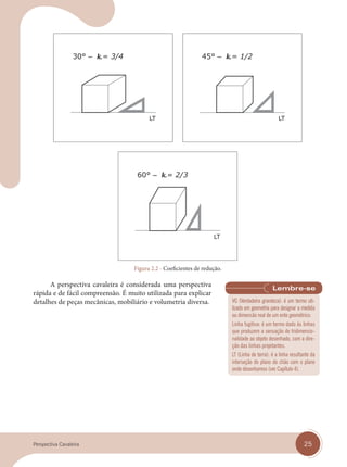 25
Perspectiva Cavaleira
Figura 2.2 - Coeficientes de redução.
A perspectiva cavaleira é considerada uma perspectiva
rápida e de fácil compreensão. É muito utilizada para explicar
detalhes de peças mecânicas, mobiliário e volumetria diversa. VG (Verdadeira grandeza): é um termo uti-
lizado em geometria para designar a medida
ou dimensão real de um ente geométrico.
Linha fugitiva: é um termo dado às linhas
que produzem a sensação de tridimensio-
nalidade ao objeto desenhado, com a dire-
ção das linhas projetantes.
LT (Linha de terra): é a linha resultante da
interseção do plano do chão com o plano
onde desenhamos (ver Capítulo 4).
cap 02.indd 25
cap 02.indd 25 31/01/14 16:07
31/01/14 16:07
 