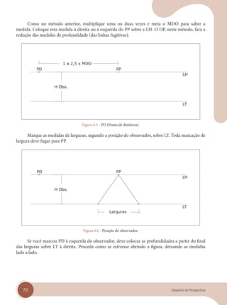 70 Desenho de Perspectiva
Como no método anterior, multiplique uma ou duas vezes e meia o MDO para saber a
medida. Coloque esta medida à direita ou à esquerda do PP sobre a LH. O DP, neste método, fará a
redução das medidas de profundidade (das linhas fugitivas).
Figura 6.5 - PD (Ponto de distância).
Marque as medidas de larguras, segundo a posição do observador, sobre LT. Toda marcação de
largura deve fugar para PP.
Figura 6.6 - Posição do observador.
Se você marcou PD à esquerda do observador, deve colocar as profundidades a partir do final
das larguras sobre LT à direita. Proceda como se estivesse abrindo a figura, deixando as medidas
lado a lado.
cap 06.indd 70
cap 06.indd 70 31/01/14 16:10
31/01/14 16:10
 
