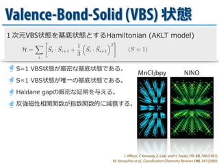 Valence-Bond-Solid (VBS) 状態
H =
i
Si · Si+1 +
1
3
Si · Si+1
2
(S = 1)
１次元VBS状態を基底状態とするHamiltonian  (AKLT  model)
I. Aﬄeck,...