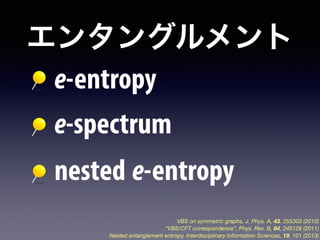 エンタングルメント
e-entropy  
e-spectrum    
nested  e-entropy
VBS on symmetric graphs, J. Phys. A, 43, 255303 (2010)
“VBS/CFT cor...