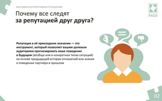 02	
Почему	все	следят	
за	репутацией	друг	друга?	
АНАТОМИЯ	КОРПОРАТИВНЫХ	ОТНОШЕНИЙ	
Репутация	в	её	прикладном	значении	—	это	
инструмент,	который	позволяет	вашим	целевым	
аудиториям	прогнозировать	ваше	поведение	
в	будущем	(вообще	или	в	конкретных	типах	ситуаций)	
на	основе	предыдущей	истории	отношений	или	знания	
о	поведении	партнёра	в	прошлом	
 